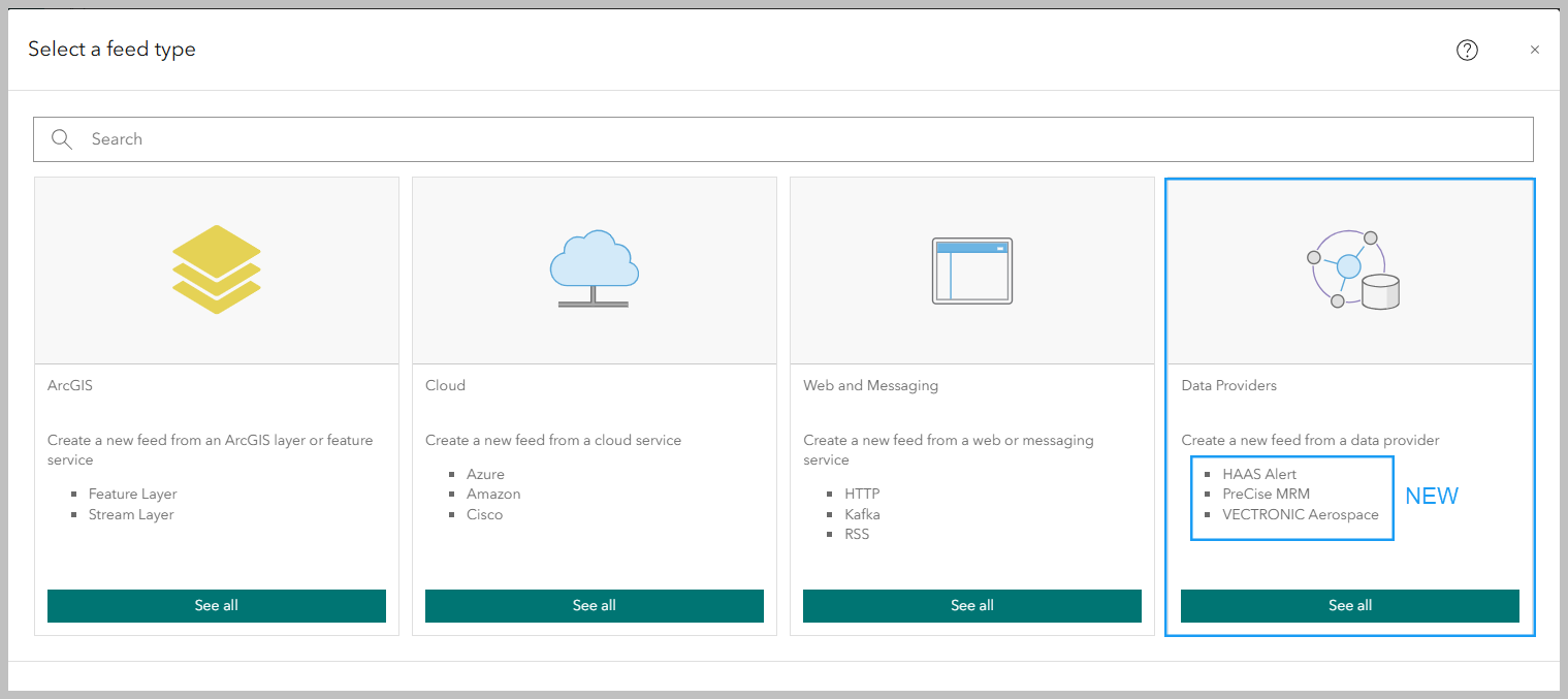 A screenshot from the ArcGIS Velocity application showing Feeds window.