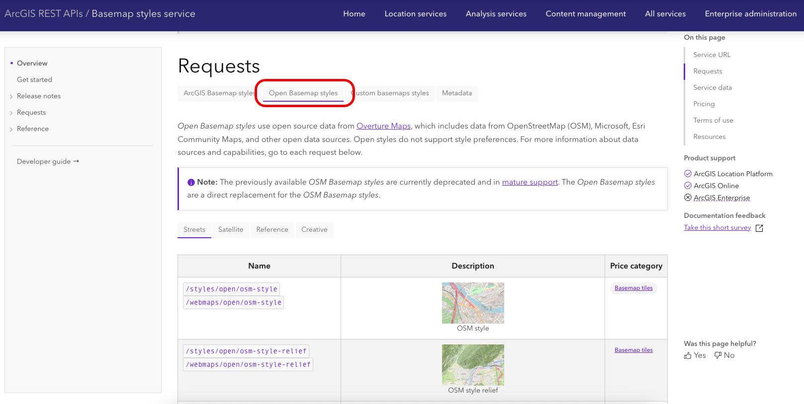 A developer documentation website showcasing Open Basemaps, a new basemap styles option that can be integrated into applications and business systems