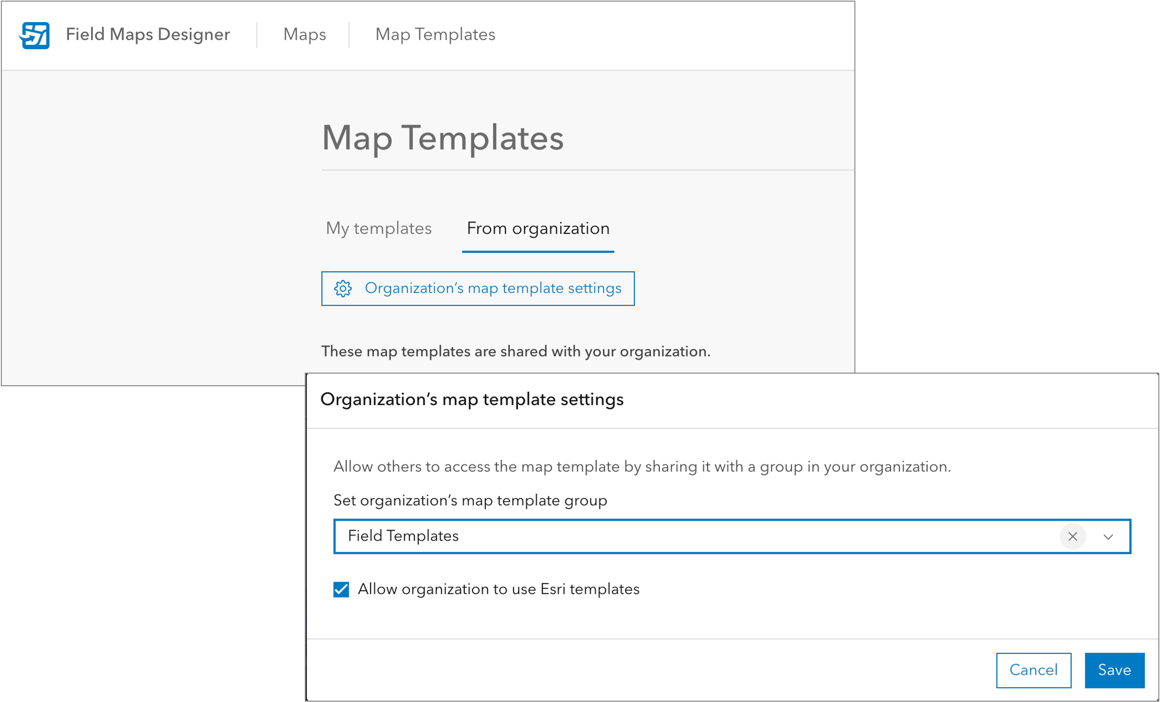 Administrators can allow map authors to access templates shared within a group.