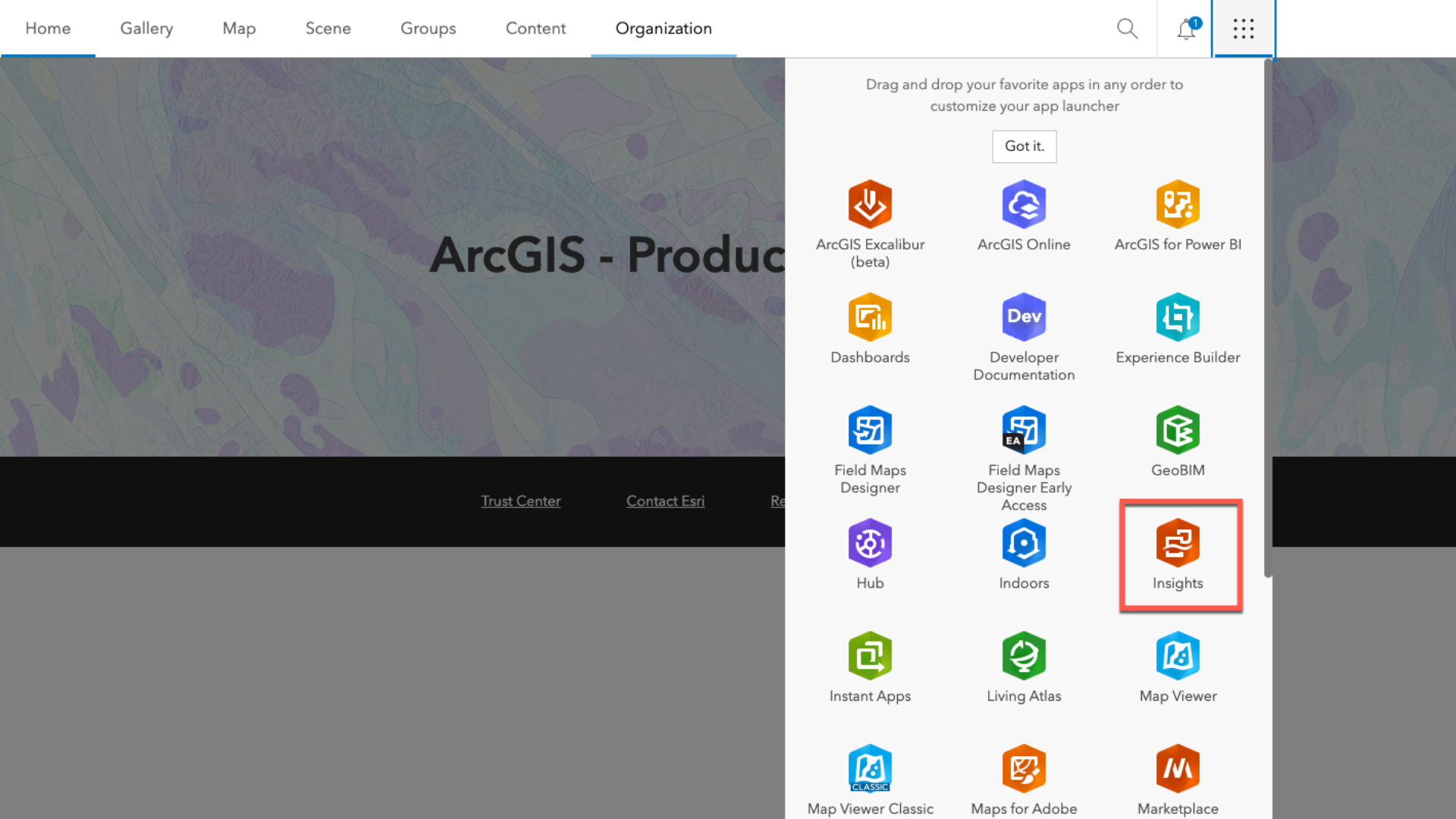 ArcGIS Online app launcher with ArcGIS Insights highlighted