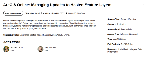 Image shows a description of the "Managing Updates to Hosted Feature Layers" User conference session.