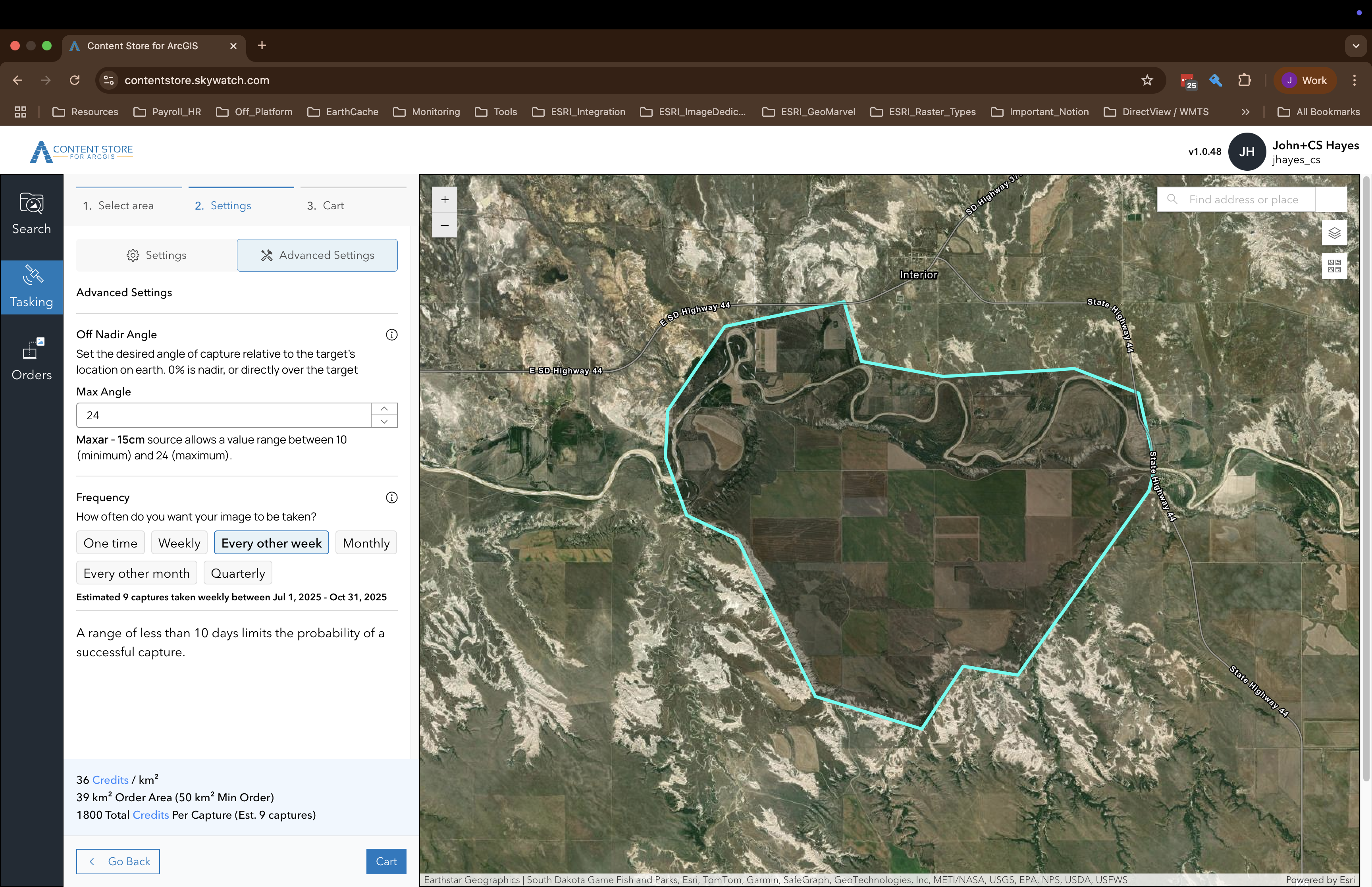 A Content Store for ArcGIS screenshot showing an unknown area of interst taken with Maxar at 15cm resolution.