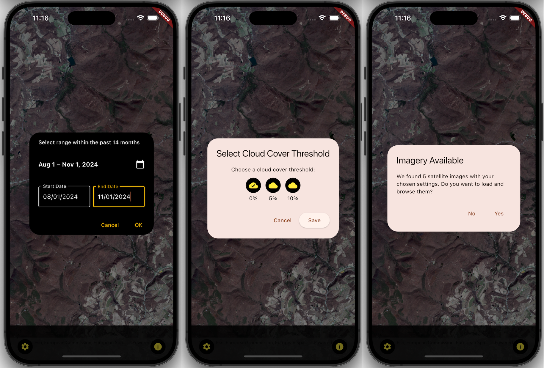 Three mobile phone screens showing user options for filtering imagery