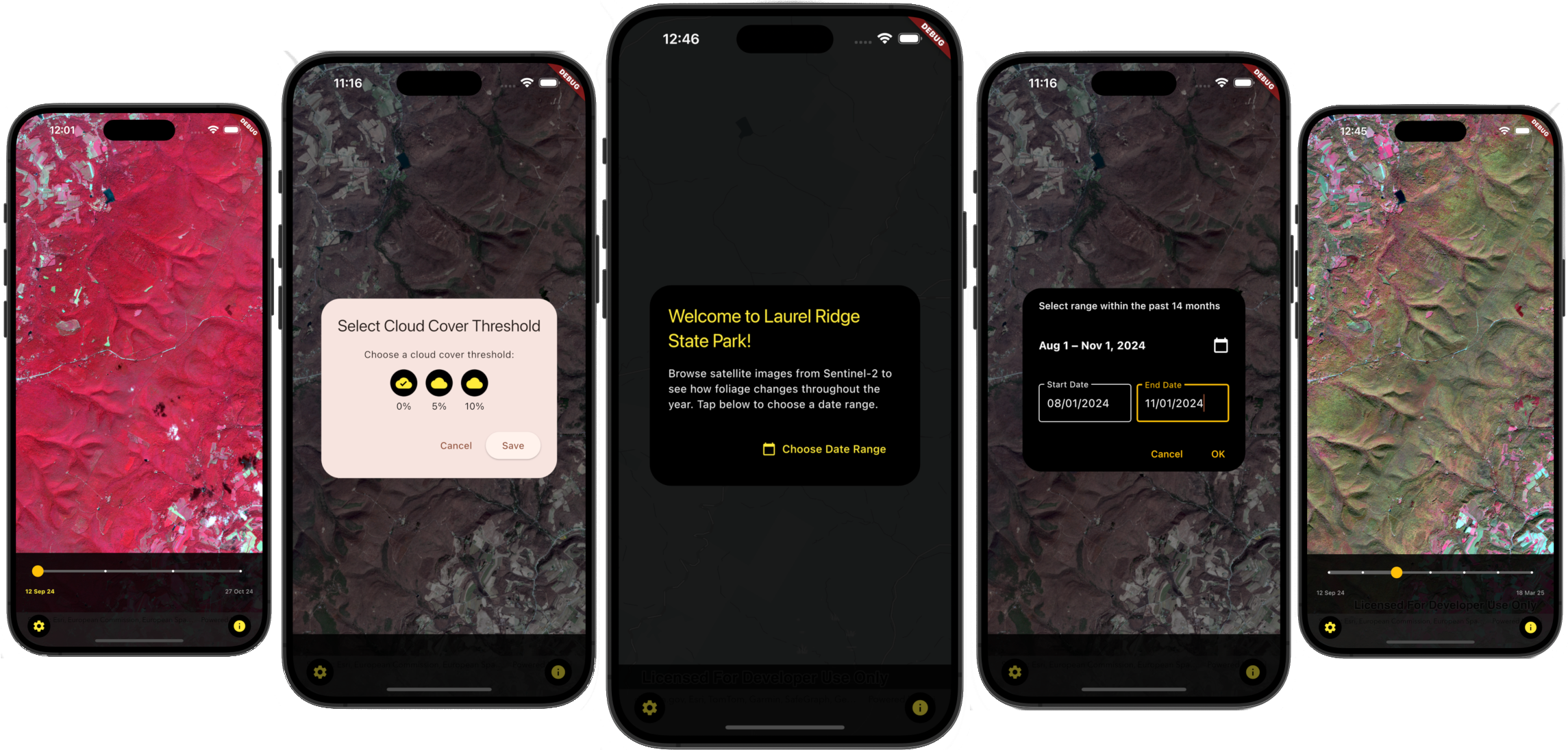 Five screenshots of a mobile phone screen displaying satellite imagery and user notifications.