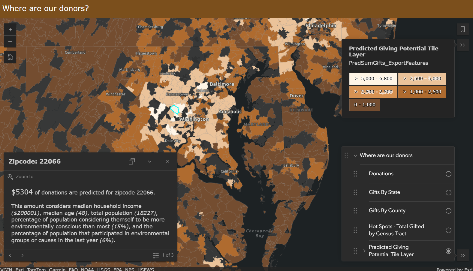 Map with a choropleth map visualizing expected donation amounts with donation amounts determined with a variety of demographic variables