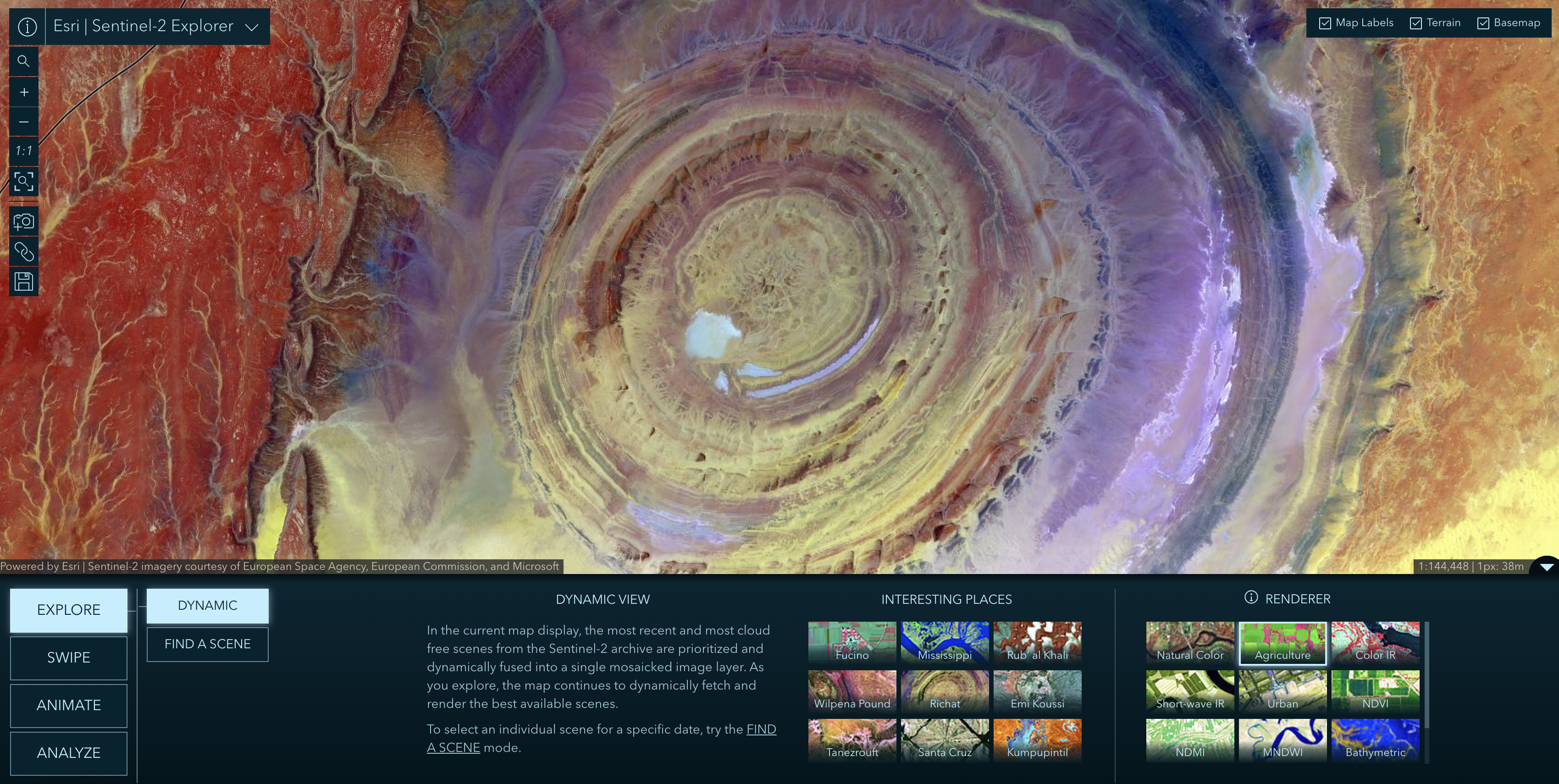 Screenshot of the Esri Sentinel-2 Explorer web app, showing the Richat Structure satellite imagery.