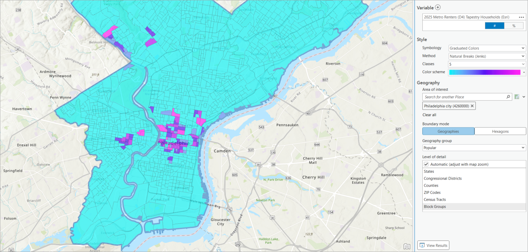 Segment D4 in Philadelphia, mapped at the block group level by count