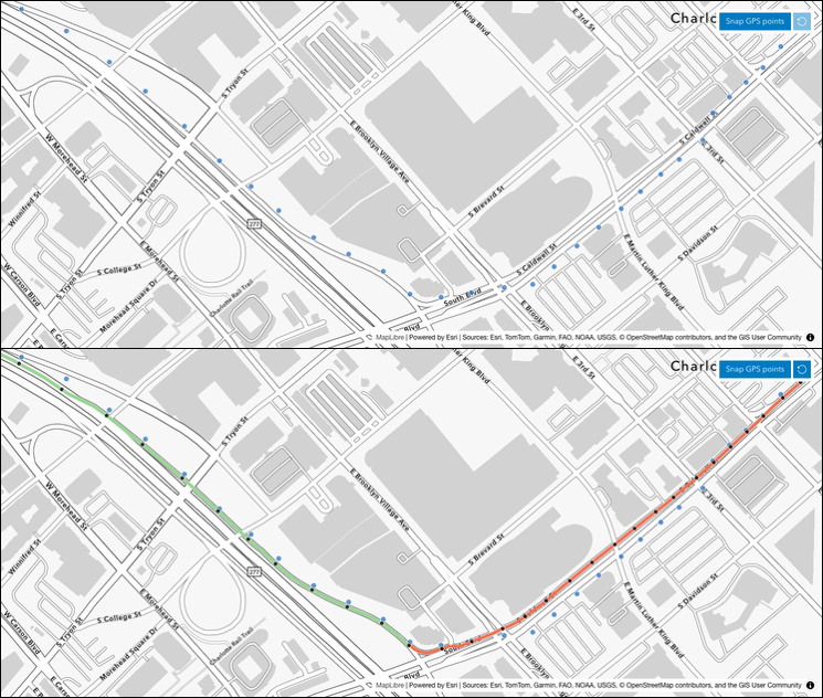 Two images of the same road stacked vertically. The top image shows GPS points deviating from the road path, while the bottom image displays the GPS points realigned with the road using the Snap to Roads feature