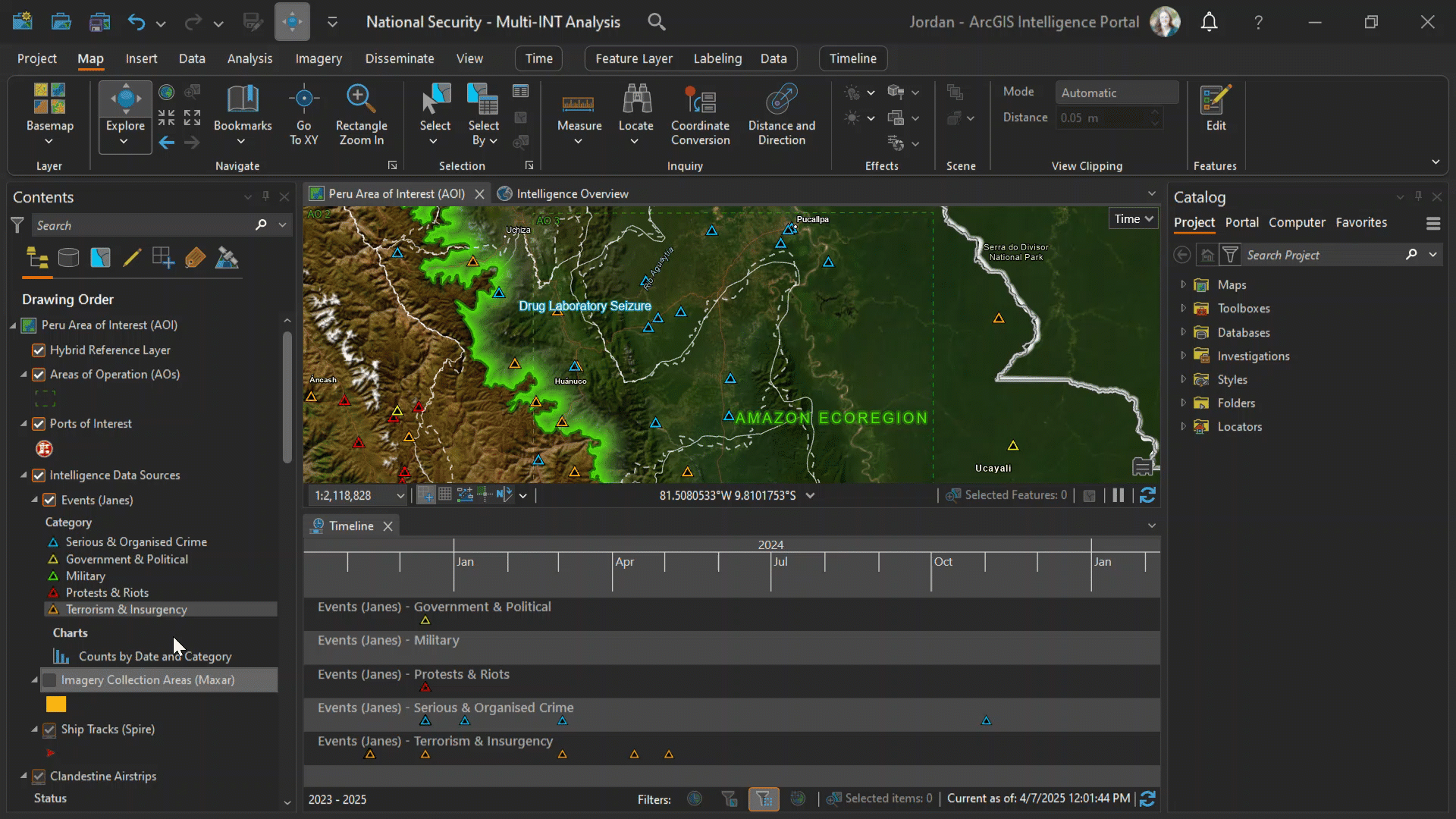 A map of the Amazon Ecoregion in the ArcGIS Intelligence portal is displayed. Points of interest are labeled, including a "Drug Laboratory Seizure." A contextual menu is open, showing labeling options.