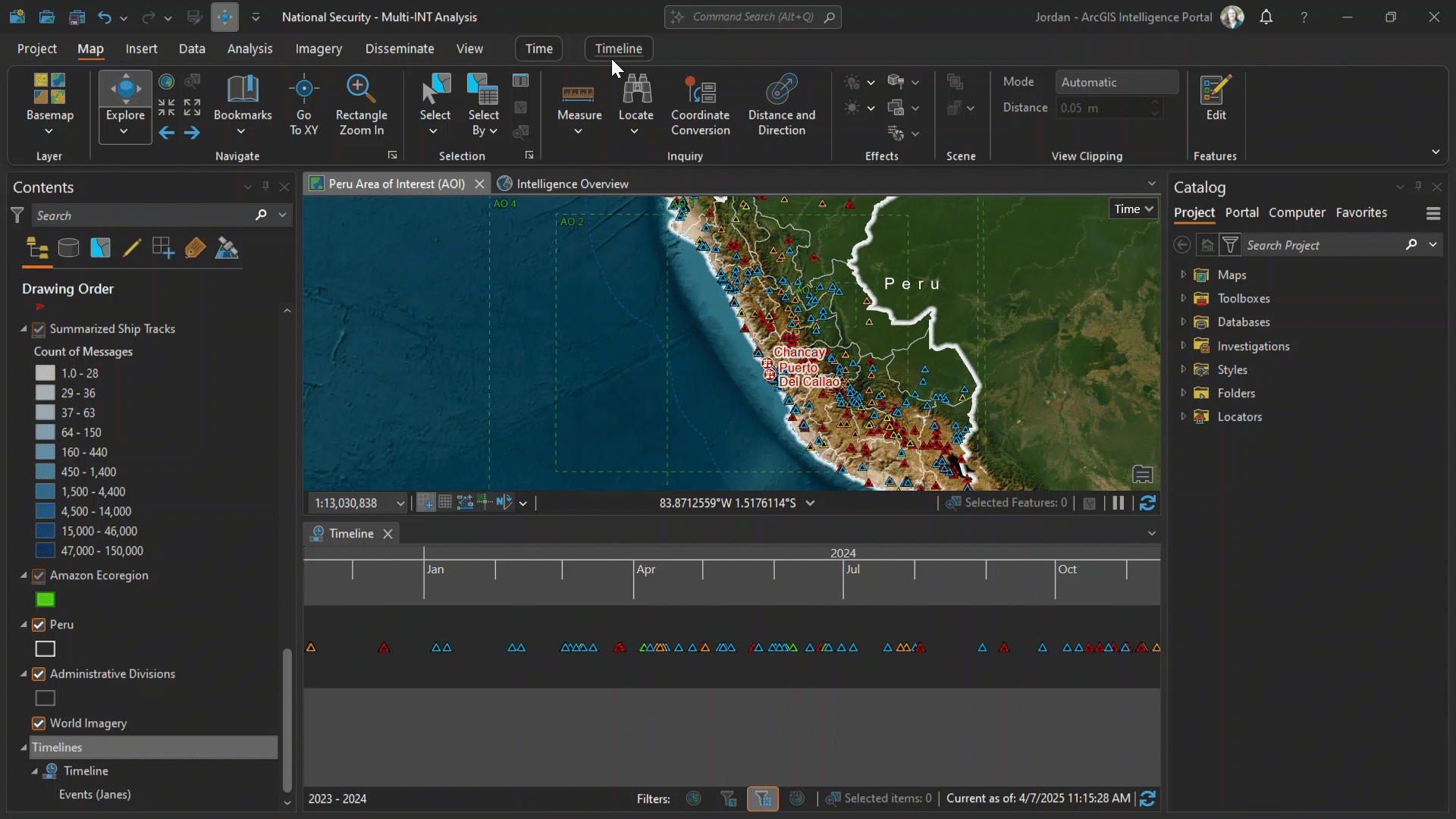 A map of Peru and the surrounding ocean, showing intelligence data sources including ship tracks, event locations, and clandestine airstrips. A "Contents" panel on the left allows users to toggle different data layers on or off.