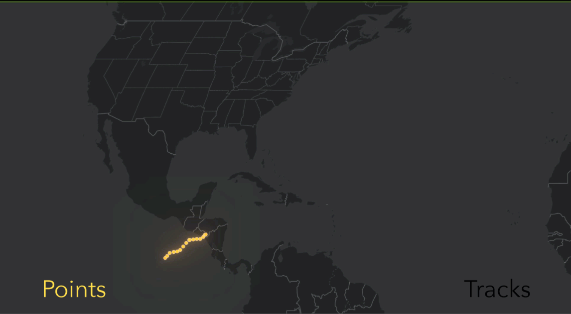 An animation of hurricane tracks represented by a sequence of disconnected points. The animation then crossfades to a visualization of those same points but as connected tracks in order to illustrate the impact of track visualizations.