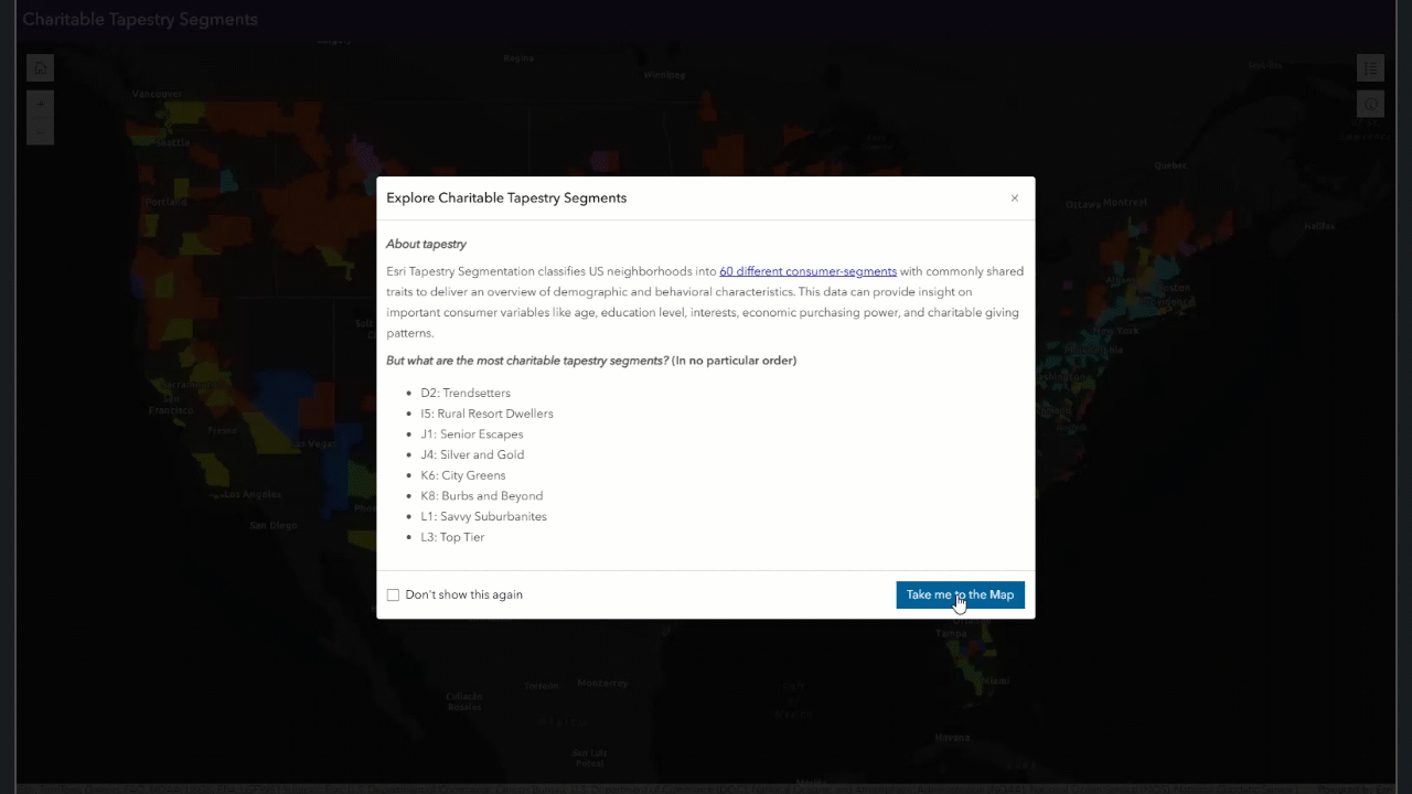 App opens with a list of the charitable tapestry segments, then zooms into the Washington DC area, selecting Harford County, MD with a dominant tapestry segment of L1 Savvy Suburbanites