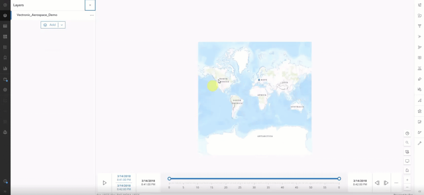 Gif showing the location of study animals displayed using the VECTRONIC Aerospace feed type in ArcGIS Velocity