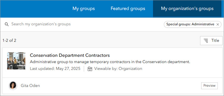My organization's groups tab on Groups page showing an administrative group