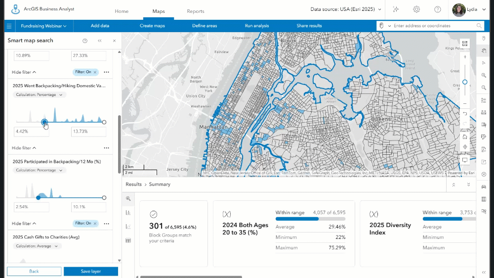 starting with a map with some block groups in NYC colored in. One slider is changed, and block groups that meet the new criteria are shown. A block group is hovered over and then we can see what values the area has for each variable.