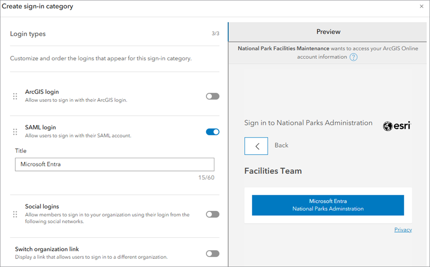 Create sign-in category window with SAML login toggle button turned on and title field filled in for the Facilities Team category