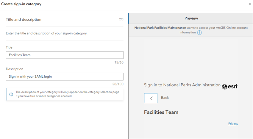 Create sign-in category window with title and description fields filled in for the Facilities Team category