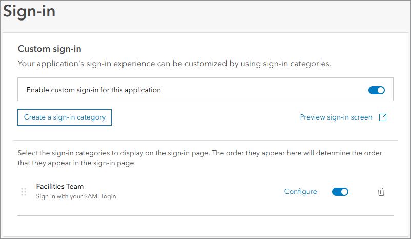 Custom sign-in page with Facilities Team category listed and enabled