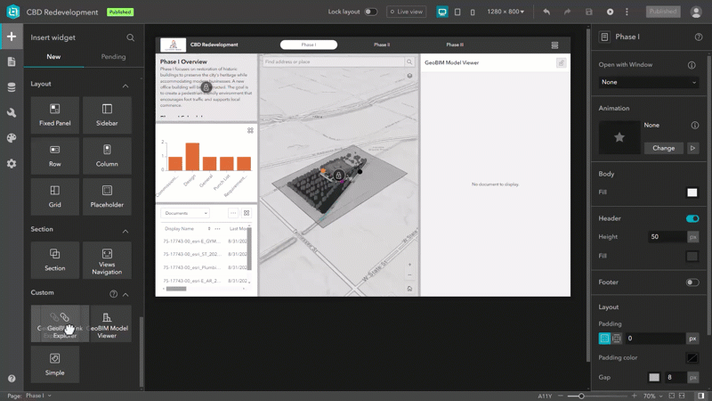 An animation of a user building and publishing a web app in ArcGIS Experience Builder to explore BIM models and project documentation.