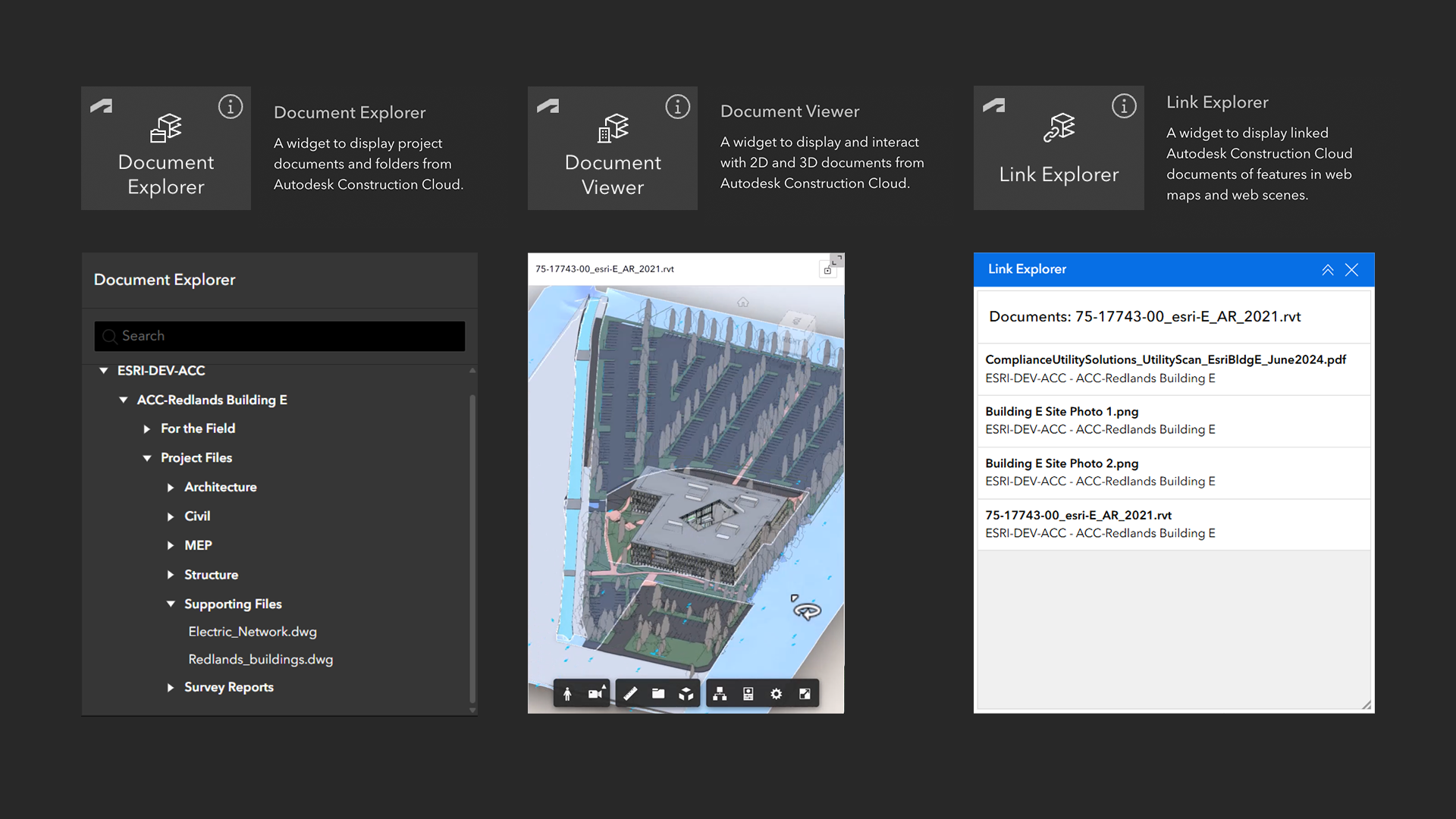 An image showing the Document Explorer, Document Viewer, and Link Explorer widgets with examples of how they appear within ArcGIS Experience Builder apps.