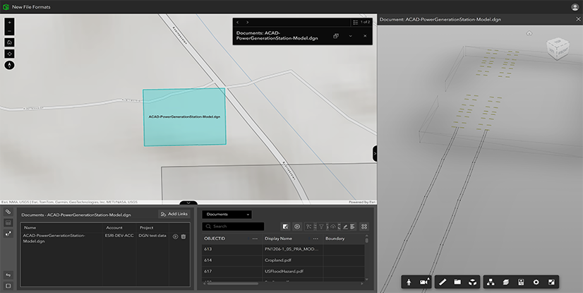 A screenshot of ArcGIS GeoBIM showing the extents of DGN CAD file placed on a map.