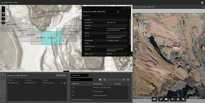 A screenshot of ArcGIS GeoBIM showing the extents of JPG photos placed on a web map.