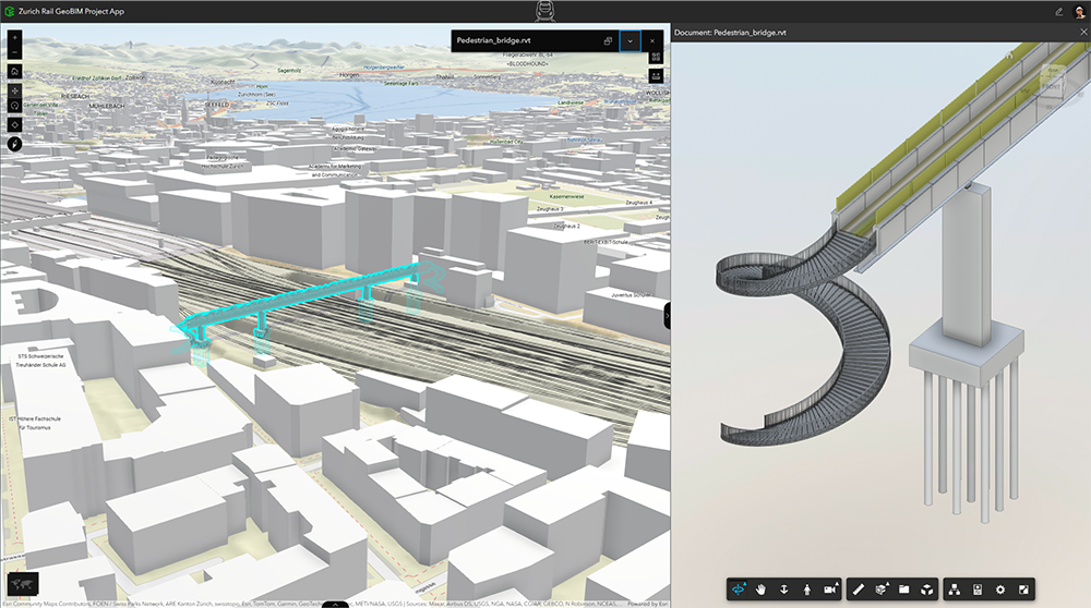 A split screen of ArcGIS GeoBIM showing a 3D pedestrian bridge highlighted in teal on the left and the bridge BIM model of the right.