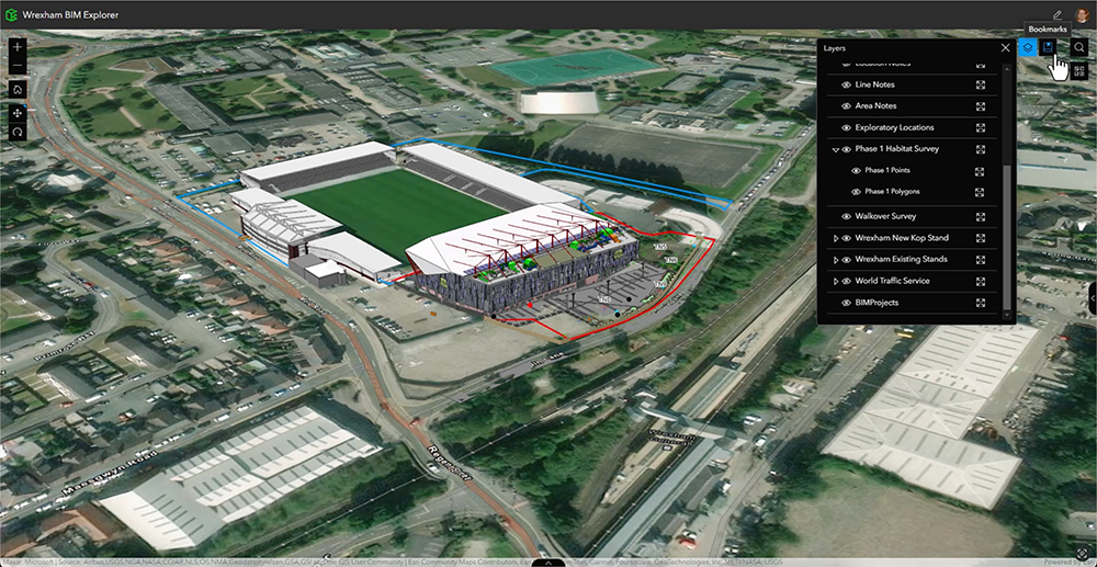 A screenshot of the Wrexham BIM Explorer built in ArcGIS GeoBIM showing the 3D model of a football stadium.