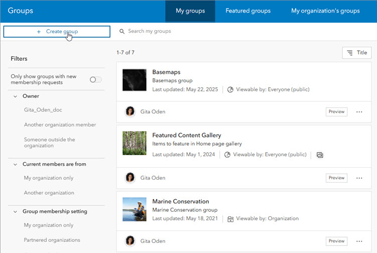 My groups tab with Create group button indicated