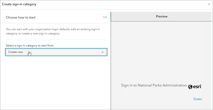 Create sign-in category window with Create new selected from the drop-down menu