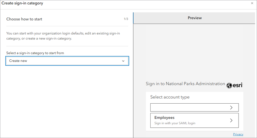 Create sign-in category window with Create new option selected from the drop-down menu