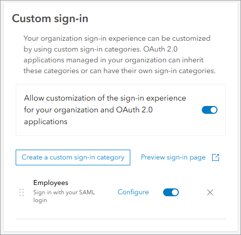 Custom sign-in section with new Employees category listed and enabled