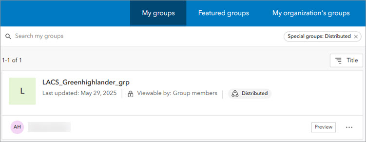 My groups tab on Groups page showing a distributed collaboration group