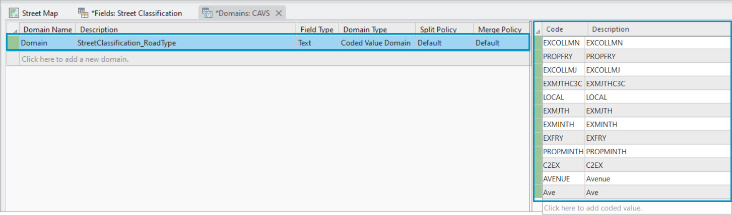 Road type domain values