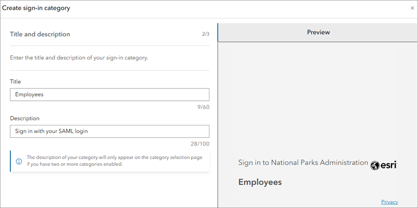 Create sign-in category window with title and description fields filled out