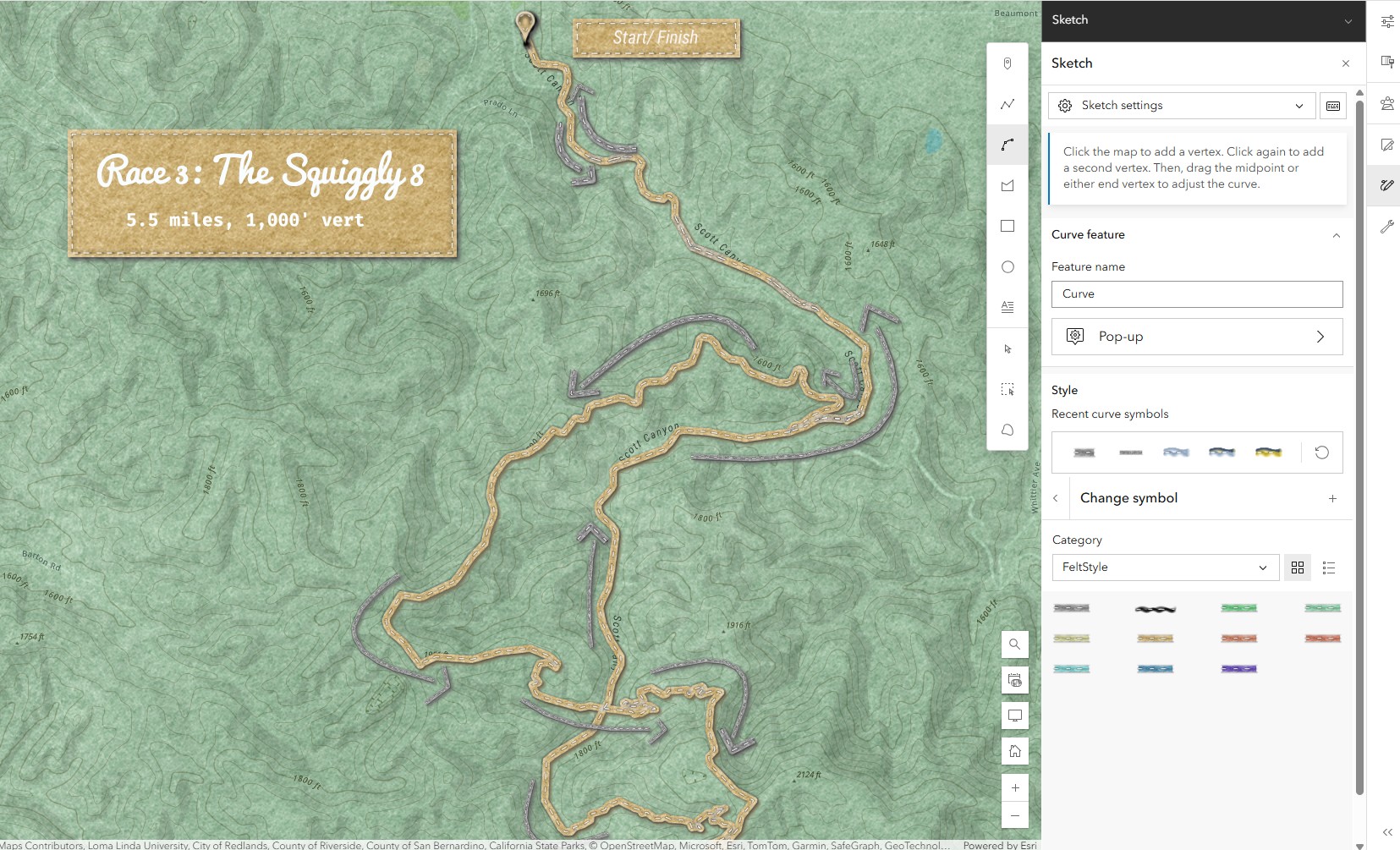 A screenshot of map viewer illustrating sketch tools and a felt style map