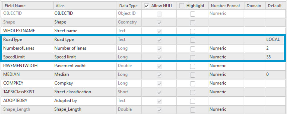Street feature class - Fields view