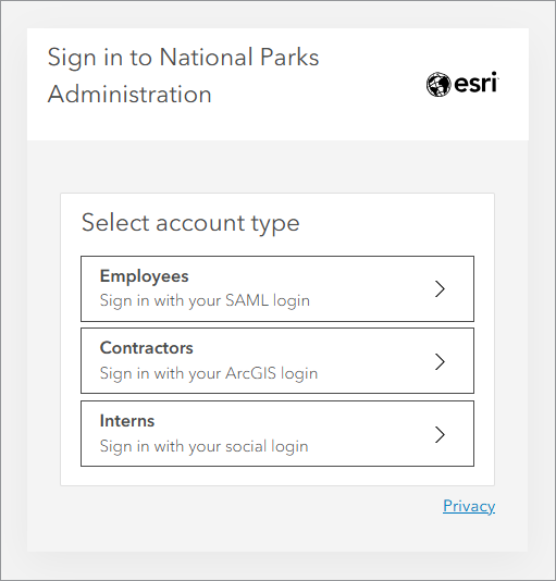 Preview of sign-in page with Employees, Contractors, and Interns categories displayed