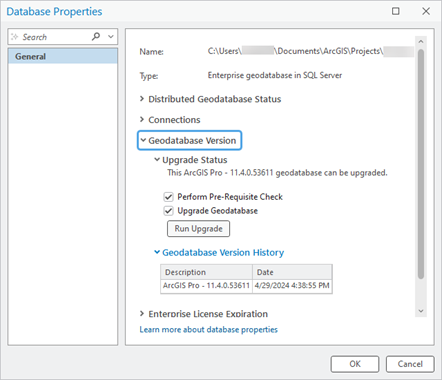 The database properties dialog
