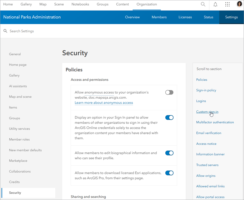 Security tab of the Organization Settings page with Custom sign-in link indicated