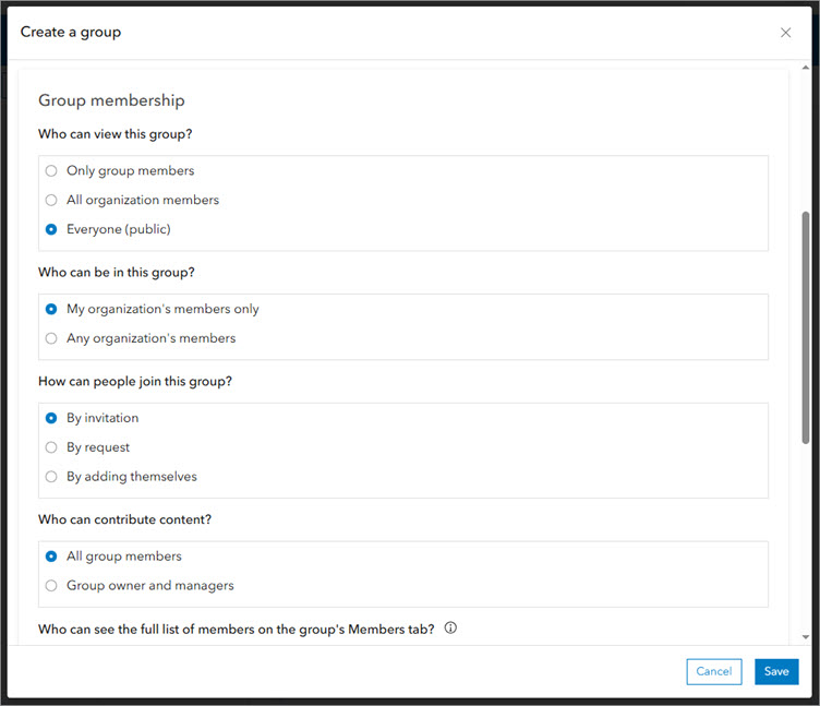 Create a group window showing Group membership options