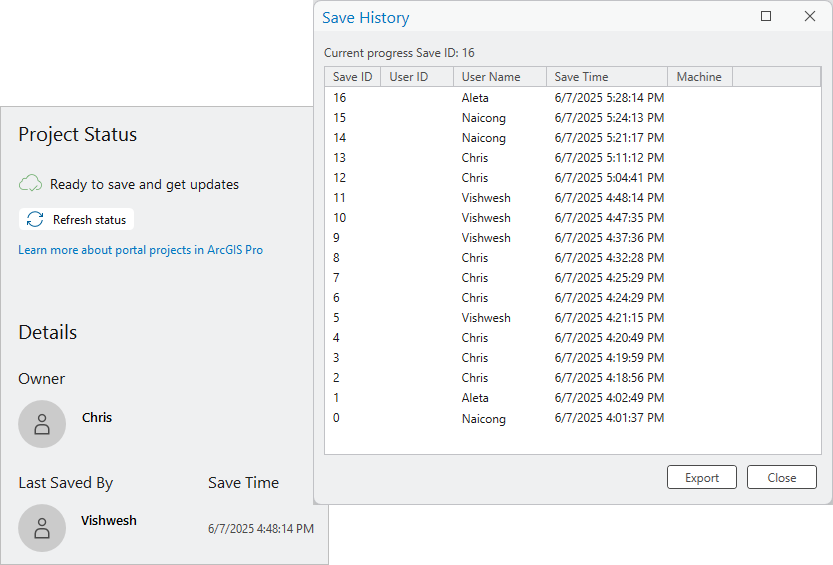 Project status and Save History on Info page