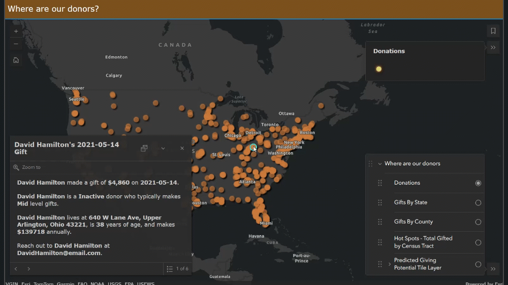 Starts with a map with donor points on the screen, then aggregates to the state level, then the county level