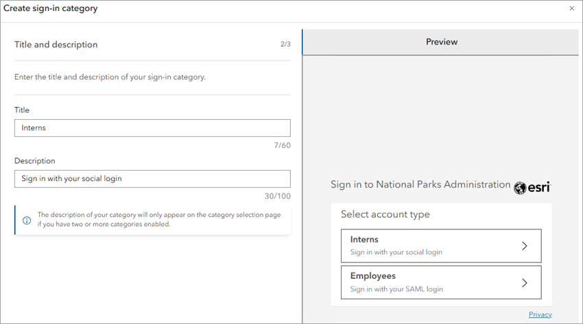 Create sign-in category window with title and description for the Interns category filled in
