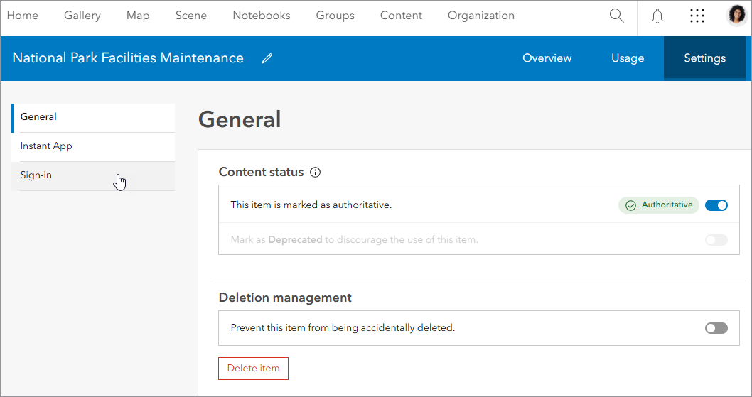 Registered app item page Settings tab with Sign-in jump link indicated