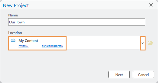 New Project dialog box with project location set to My Content
