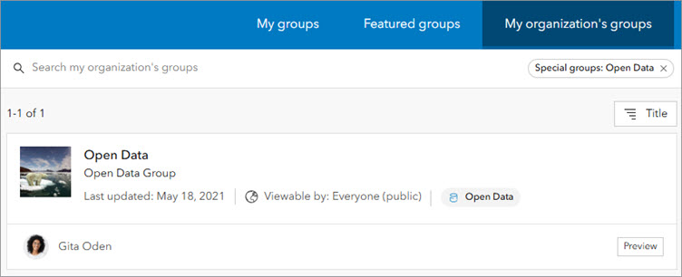 My organization's groups tab with Open Data group displayed