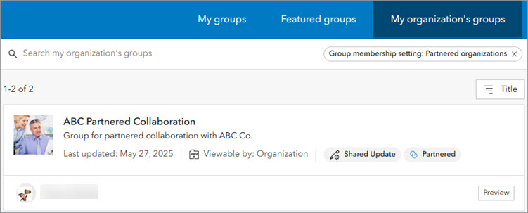 My organization's groups tab on groups page showing a partnered collaboration group