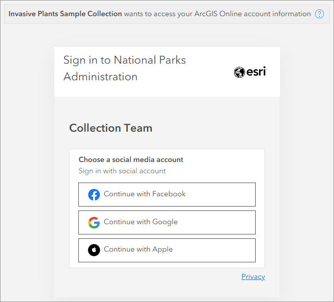 Preview of app sign-in page with Collection Team social login options displayed