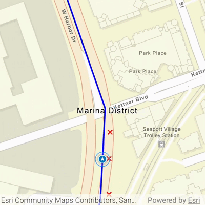 A location display snaps to a blue route line based on nearby location updates